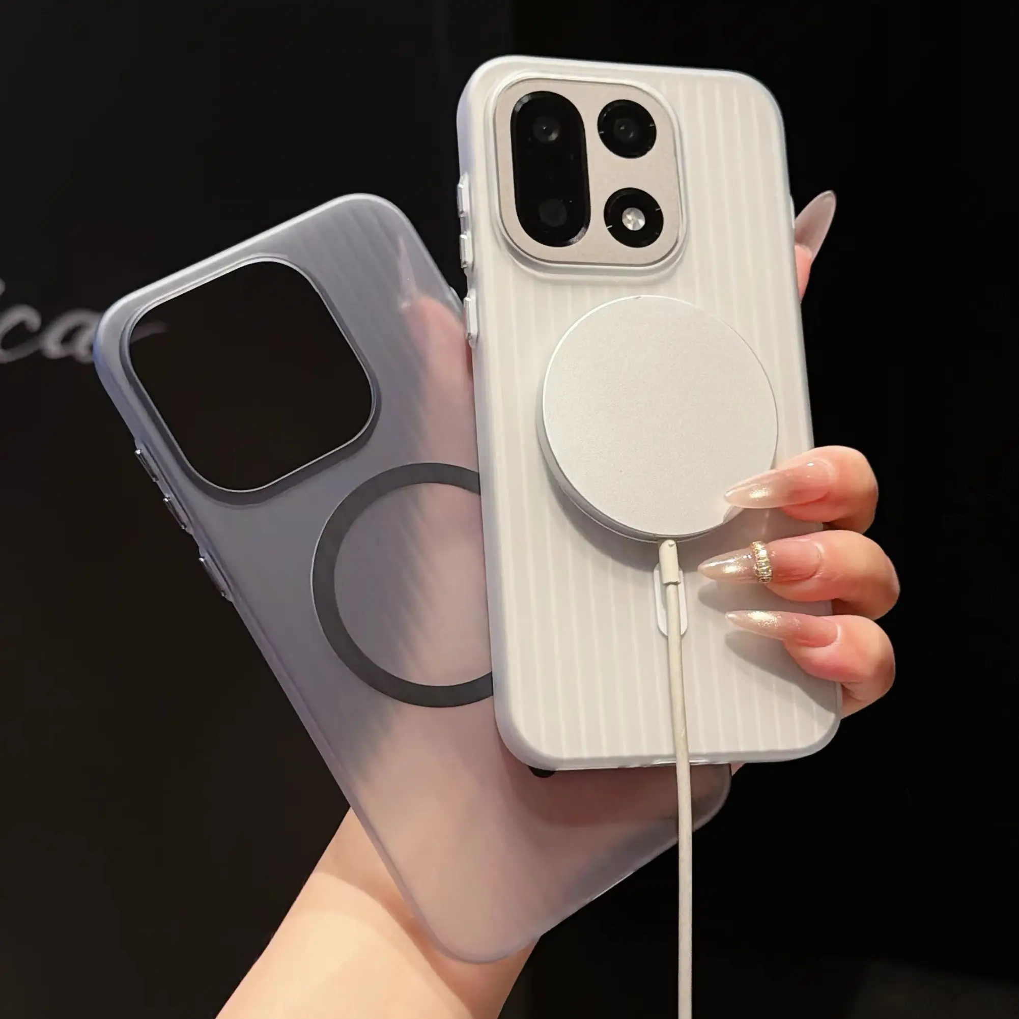 Magnetic Matte Transparent Luggage Stripe Phone Case with Hard Shell