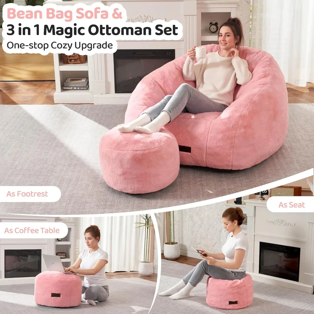 Giant Faux Fur Bean Bag Chair with Ottoman, Shell-Shaped Lounge Sofa for Living Room Bedroom, Pink