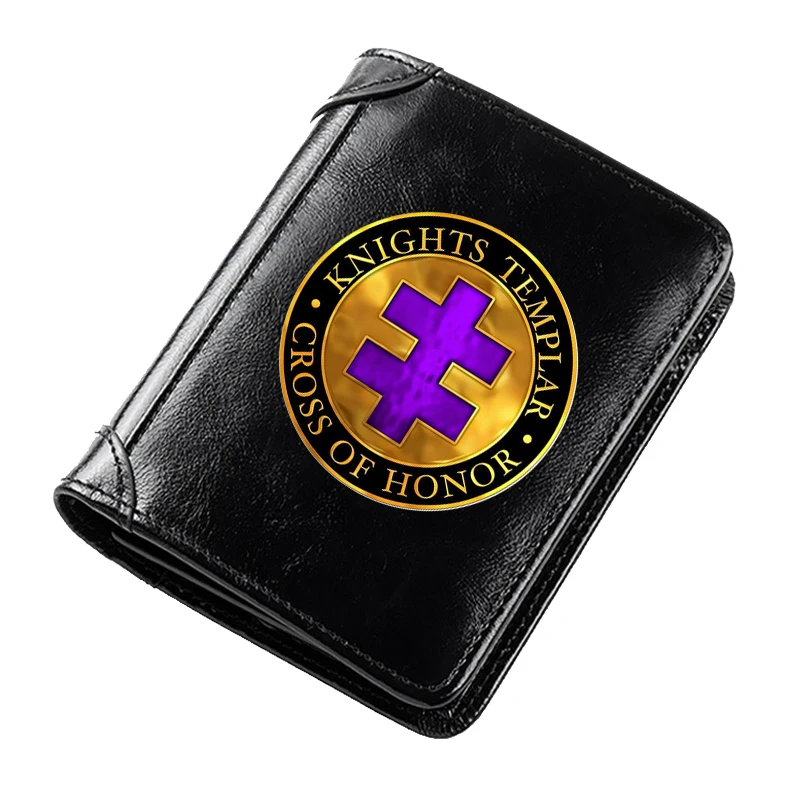 

2023 New Knights Templar Cross Of Honor Printing Genuine Leather Wallets for Men Rfid Thin Short ID Credit Card Holder Money Bag