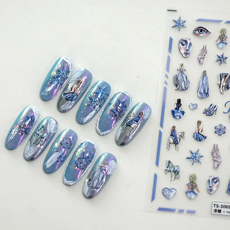 5D Realistic Relief Cool Blue Ice Snowflake Princess Horse Eye High Heels Adhesive Nail Art Stickers Decals Manicure Ornaments