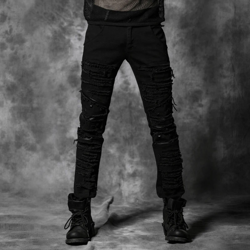 

PUNKRAVE Men's Pants Gothiic Daily Skinny Personality Fashion Broken Hole Slim Fit Casual Long Pants