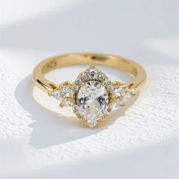 White Zircon Oval Stone Luxury Crystal Leaf Rings For Women Vintage Gold Color Engagement Ring Wedding Bands Jewelry Bridal Gift