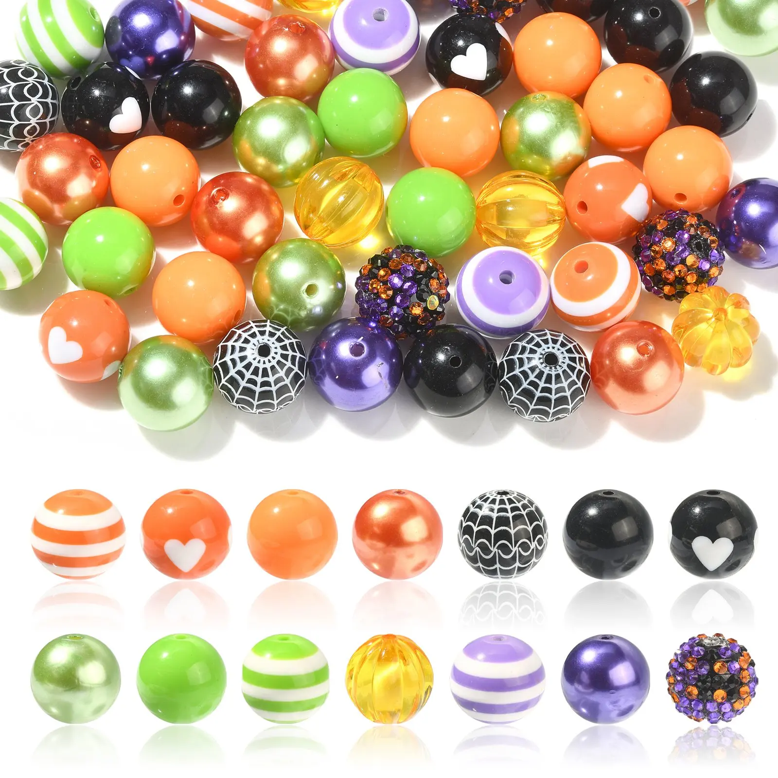 Panda hall 50pcs gemischte Stile 20mm Acryl Halloween Kaugummi Perlen Spinnennetz Herz runde Perlen für Festival Schmuck machen DIY