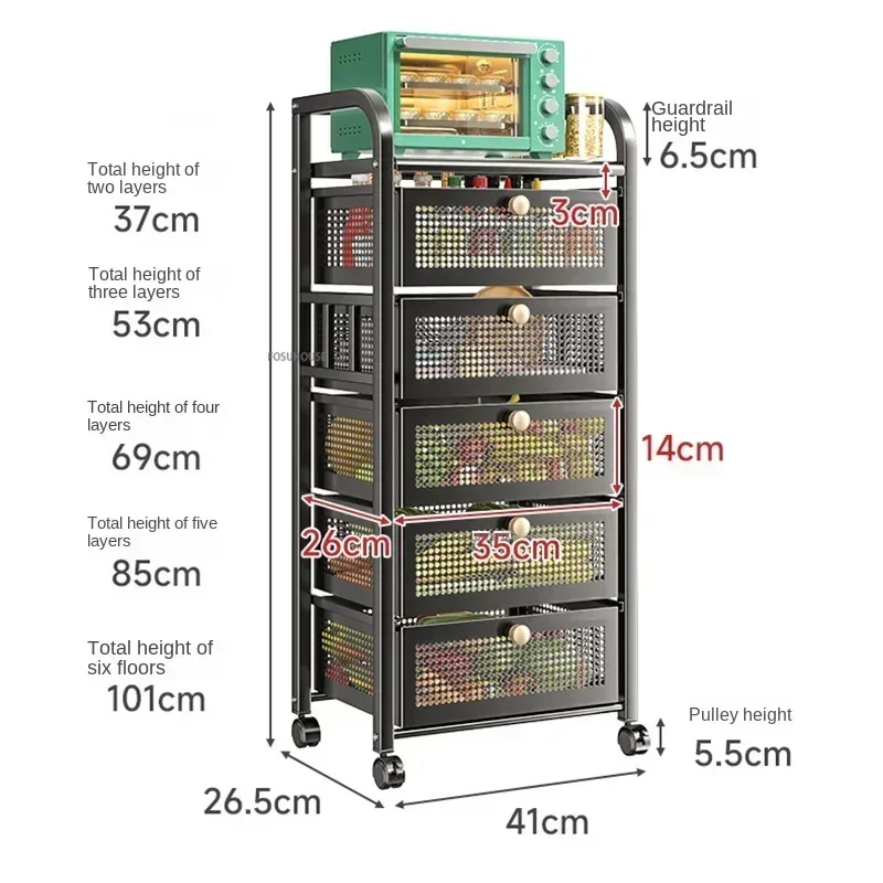Kitchen Trolleys Floor Shelf with Drawer Multilayer Utility Car Multi-functional Fruit Vegetable Microwave Cart with Wheelst Z