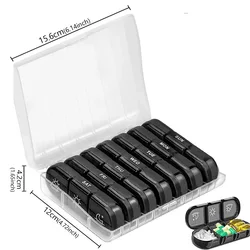Compact Weekly Pill Organizer with 21 Compartments for Medications and Vitamins, Perfect for Travel and First Aid (Transparent Black)