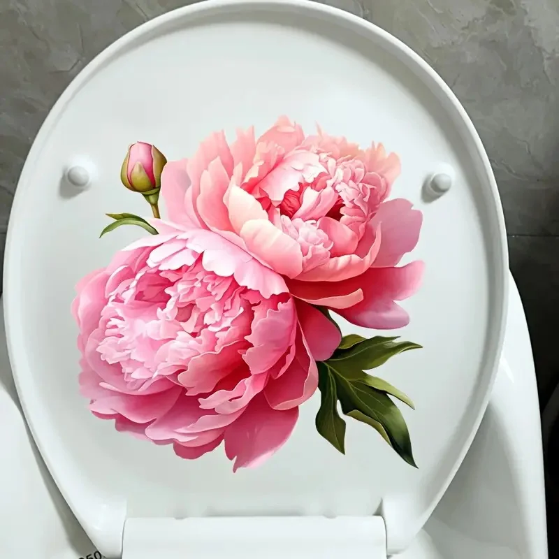 Blooming Pink Peony Toilet Sticker Bathroom Home Decoration Wall Sticker Decoration Sticker For Door Refrigerator Window