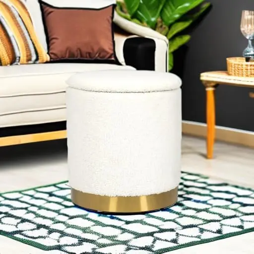 Boucle Round Storage Ottoman with Removable Lid, Small Upholstered Foot Rest Stool with Gold Plating Base