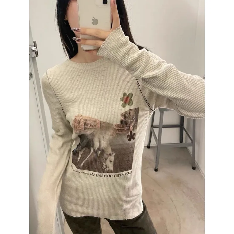 

Deeptown Vintage Y2k Graphic Tshirt Women Long Sleeve Oversized Korean Fashion Aesthetic Harajuku Round Neck T-shirt Grunge Tops