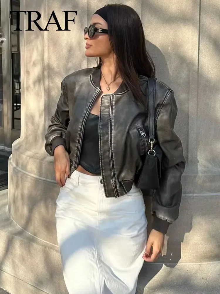 

TRAF Women Fashion Cropped PU Leather Bomber Jacket Coat Vintage Long Sleeve Front Zipper Female Outerwear Chic Tops