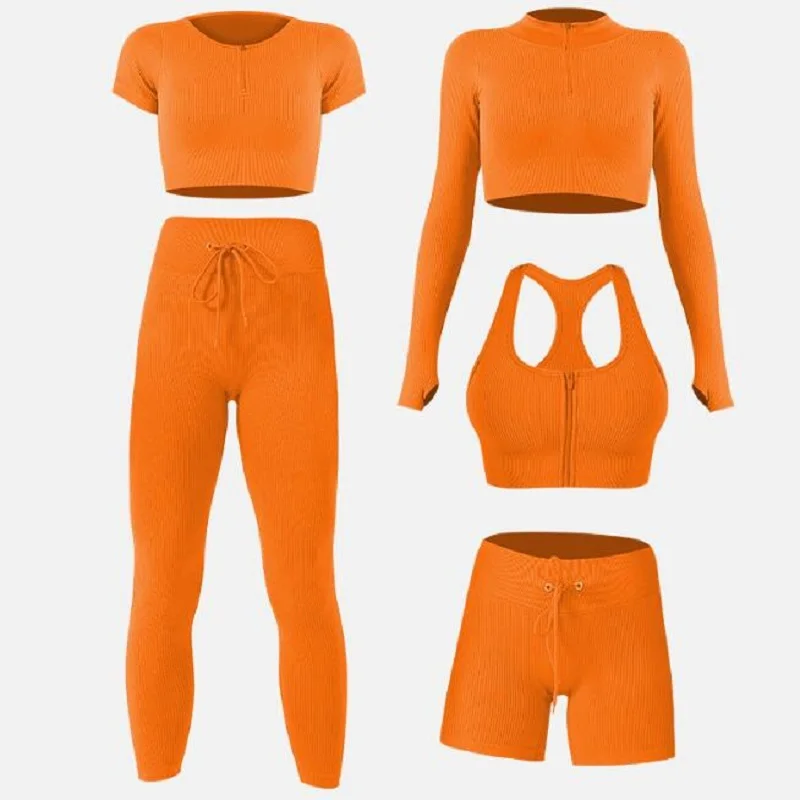 

5pcs/set Seamless Sport Set Women Yoga set Brown Crop top Bra Leggings Shorts Sportsuit Workout Outfit Fitness Gym Clothes