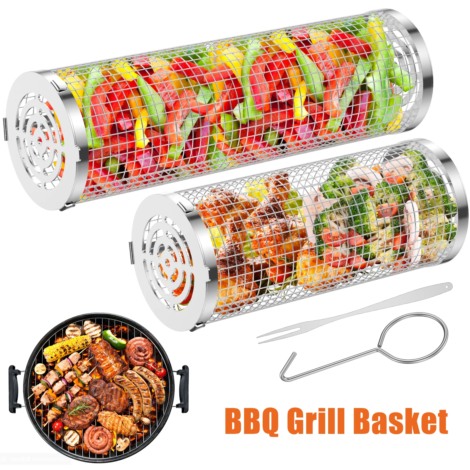 Set 2 Reti Per Griglia Barbecue In Acciaio Inox + Pennello In Silicone - 15.5x8.5 Cm Portatili Per Campeggio - 4