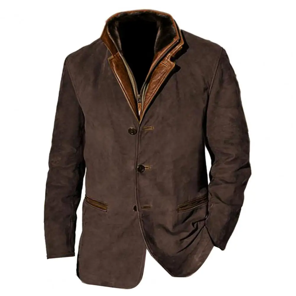 Men Jacket Men's Retro Patchwork Cardigan Coat with Plush Lining Lapel Detail Stylish Single-breasted Jacket for Winter Fall