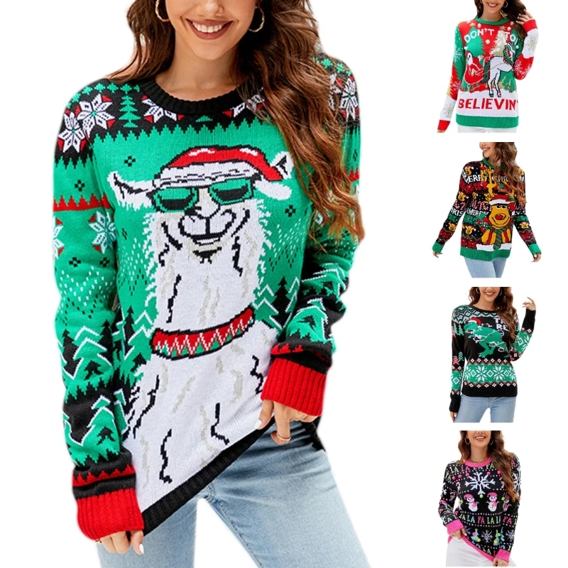 Women's Christmas Knitted Sweater Jumper Long Sleeve Neck Pullover Knitwear Dropship