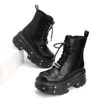 2025 New Punk Women Platform Ankle Boots Female's Rock Round Toe Lace Up Fashion Retro Chunky Shoes Metal Decor Short Boots - Image 2