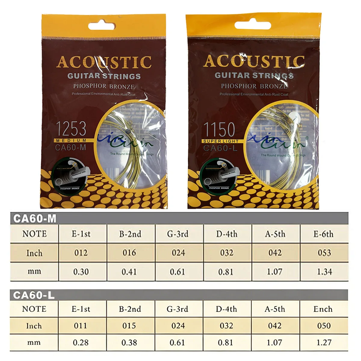 Civin CA60-M/CA60-L 인청동 어쿠스틱 기타 줄 ? 미디엄 012-053 & 슈퍼 라이트 011-050 옵션, 헥스 코어, 녹 방지