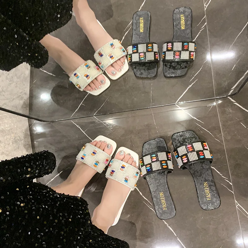 Summer Sandals Women New Summer Flat Sandals Shoes Female Designer Square Toe Bling Luxury Slippers Zapatos De Mujer