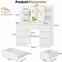 Туалетный столик с зеркалом и регулируемой светодиодной подсветкой, туалетный столик, туалетный столик для макияжа с 4 полками и 6 ящиками, большой ящик, белый — изображение 5