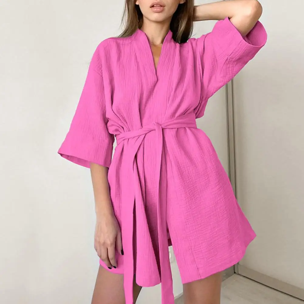 Women Bathrobe Tie Waist Cardigan Belt Loose Sleeping Half Sleeves Water Absorption Hot Spring Bathing Bathrobe Female Clothes