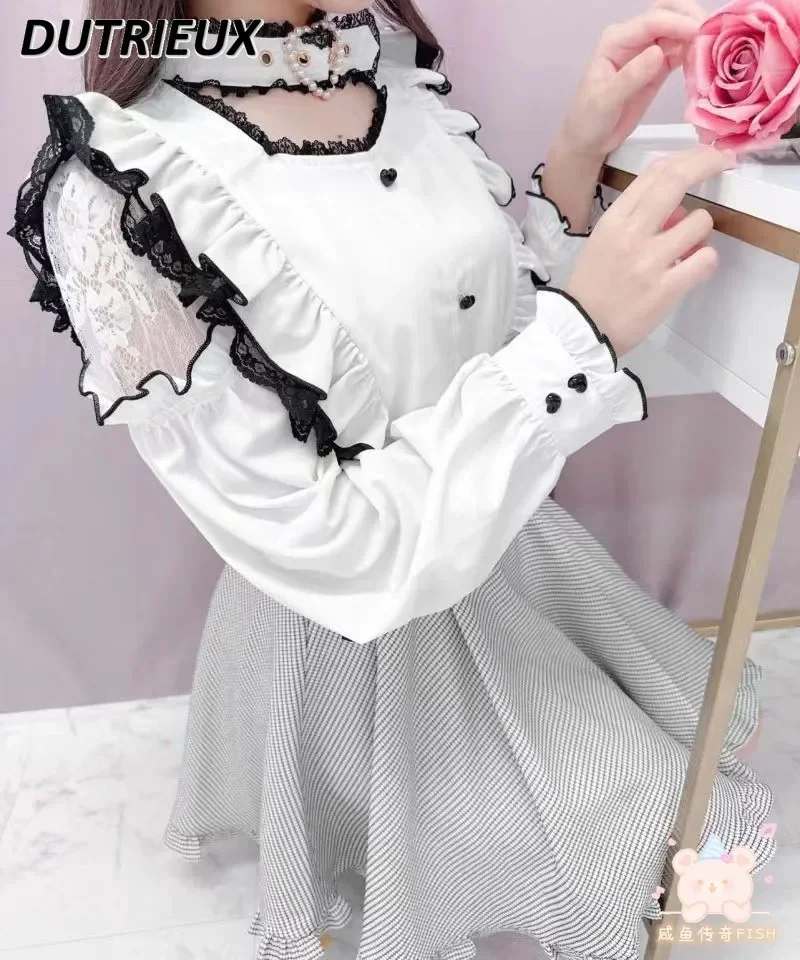Spring Autumn New Love Pearl Stand Collar Lace Patchwork Top Mine Series Mass-Produced Solid Color Long Sleeve Underwear Blouse