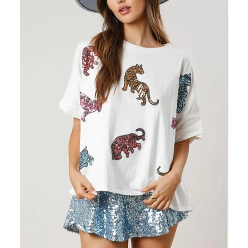 Y2k 스팽글 탑 여성용 미적인 의상, 라운드넥 반팔, 루즈한 티셔츠, 그래픽 및 레터 프린트, 홀리데이 파티 의류