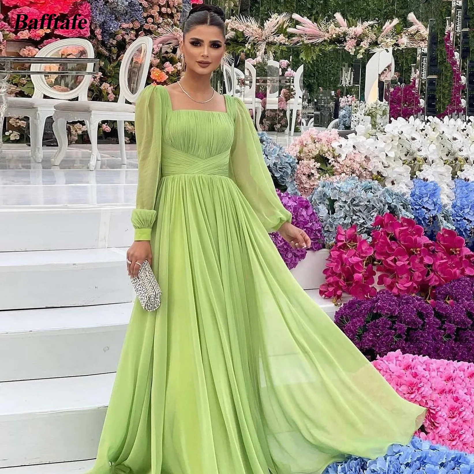 

Bafftafe Mint Green Chiffon Long Sleeves Prom Dresses Formal Square Collar Pleated Special Occasion Evening Dress Women Gowns