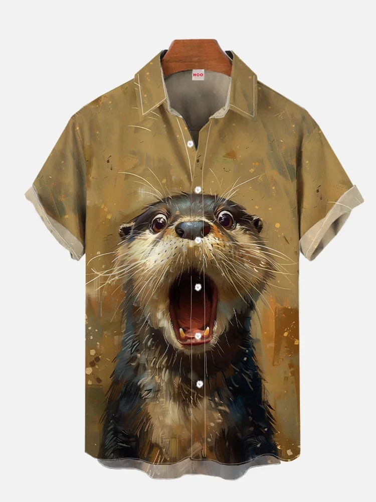 2024 Summer New Funny Animal Bald Pig Print Short Sleeve Shirt Retro Donkey Lamb Fashion Street Men's Lapel Button Shirt 2