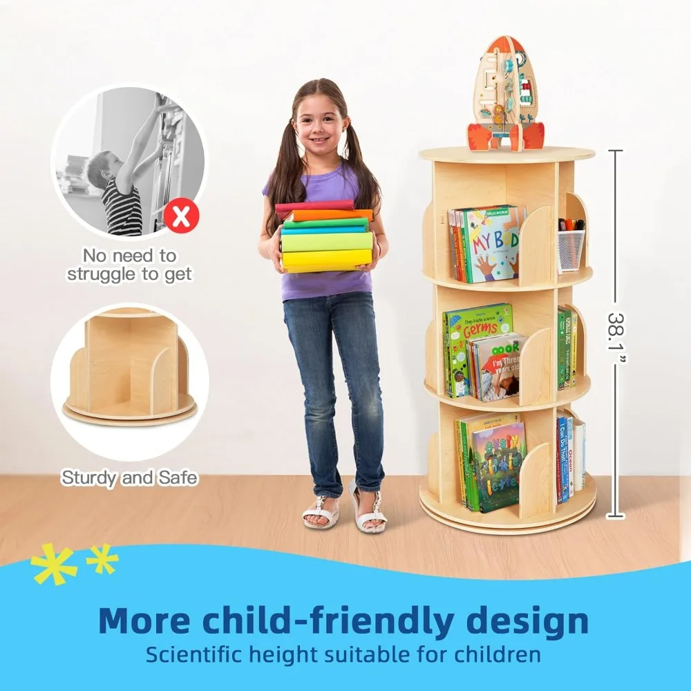 Kids Rotating Bookshelf, Small Corner Bookshelf for Small Space, 360° Display Floor Standing Bookshelf Storage Rack, Wood 3