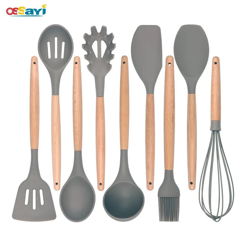 Ossayi Nonstick Kitchen Cooking Utensil Set Heat Resistant Wood Handle Silicone Spatula Turners Spoon Cookware Kitchenware