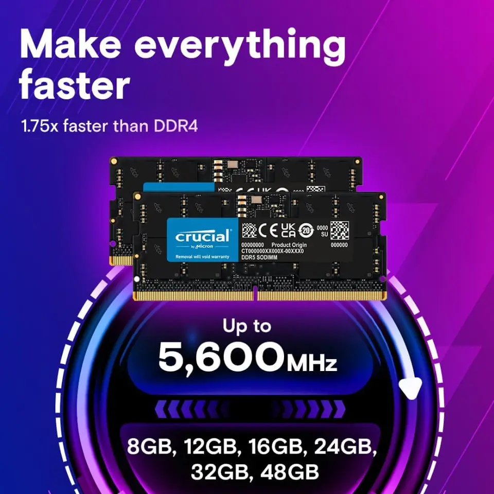 Crucial 16GB/24GB/32GB/48GB DDR5 RAM 5600MHz ノートパソコン用