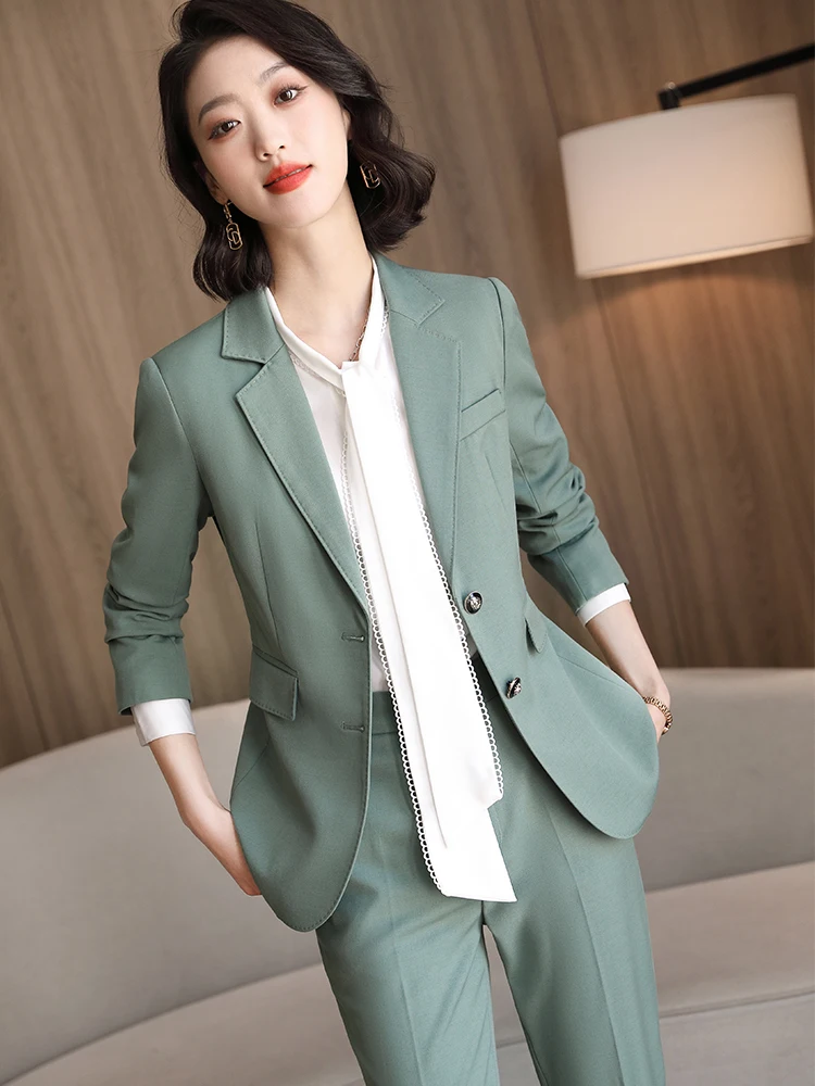 Work Wear Formal 2 Piece Set Office Ladies Pant Suit Women Khaki Green Pink Black Blazer and Trousers  Women Suits Office Sets