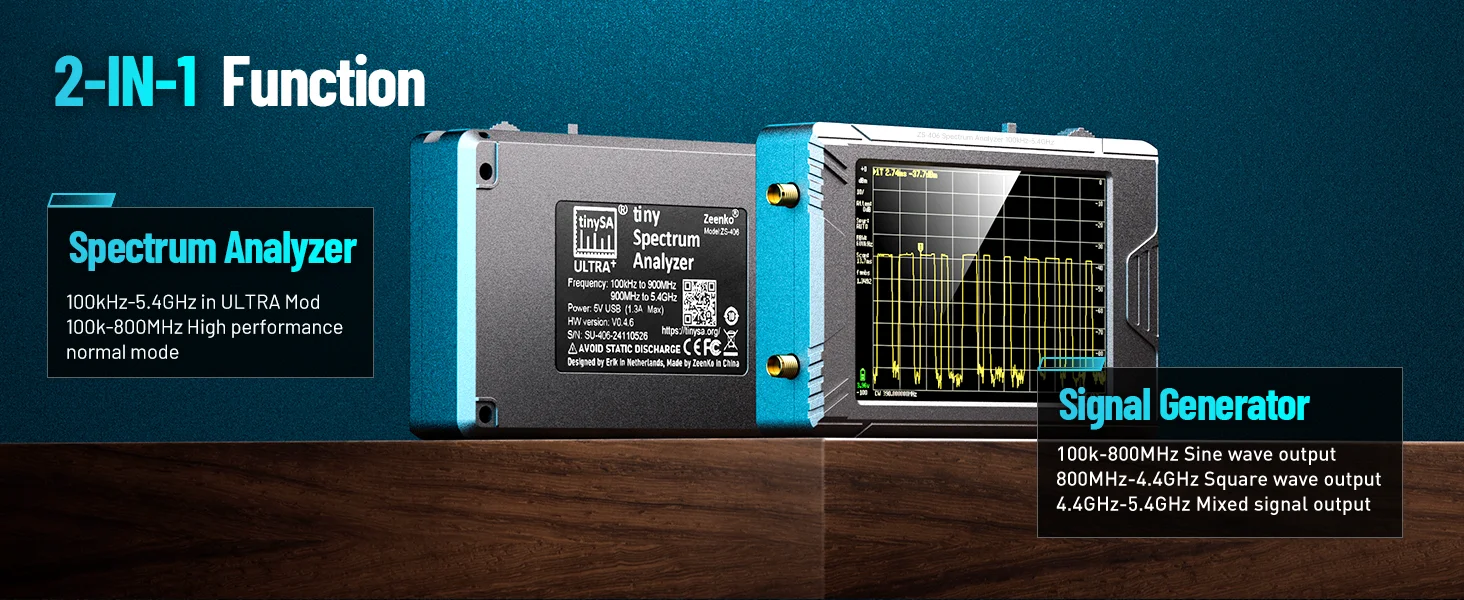 Spectrum Analyzer 100kHz to 5.4GHz TinySA Ultra+ ZS406 2-in-1 Signal Generator T