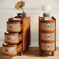 3-Drawer Rattan End Table, Solid Wood Sofa Side Table with Vintage Embossed Handles, Nightstand 1