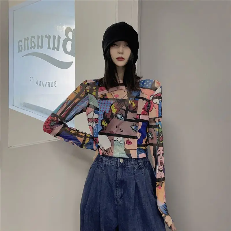 

Y2k топы с мультяшным аниме принтом с длинным рукавом Harajuku Женская одежда с круглым вырезом пикантная сетчатая уличная одежда Летние Осенние винтажные футболки