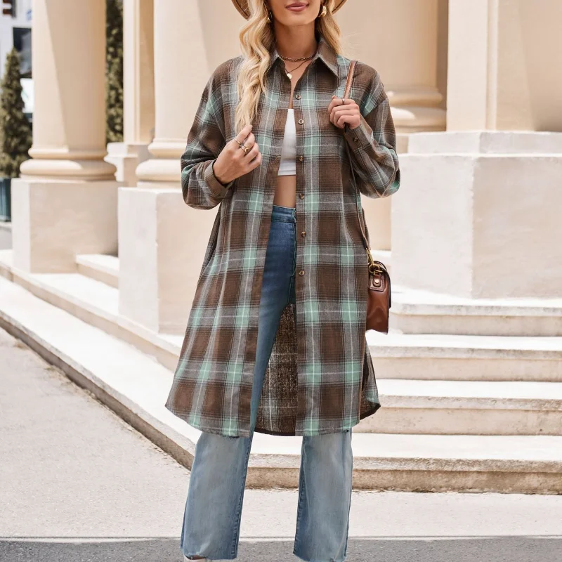 summer oversized women s clothing fashion splice pockets simplicity commuting lace up temperament wide leg straight leg pants Simplicity Versatile Temperament Women's Clothing Autumn Winter New Splice Pockets Button POLO Collar Long Sleeved Plaid Shirt