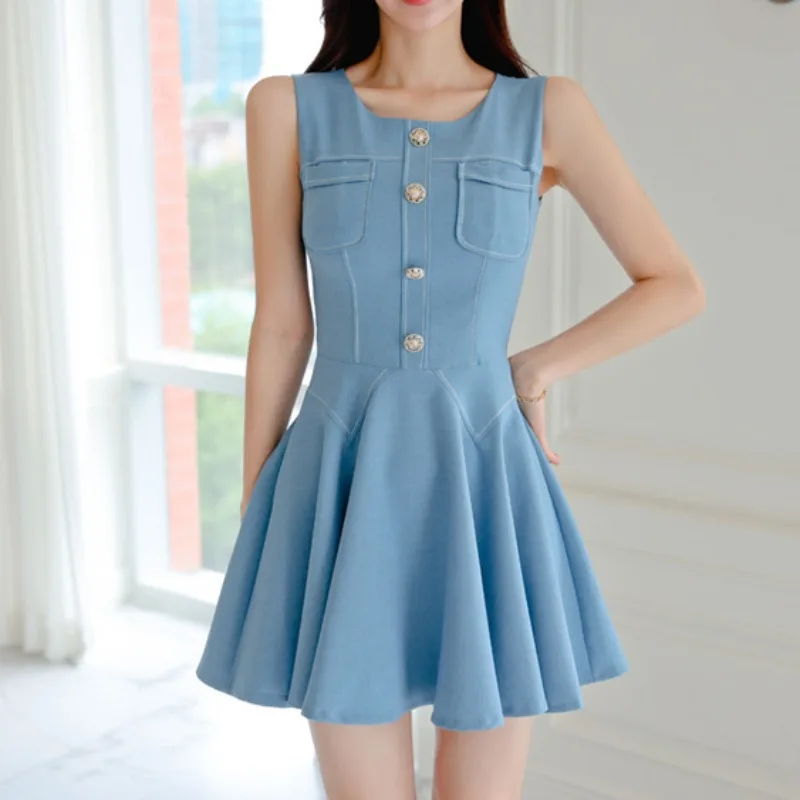 

Blue Chic Women Dress Sleeveless O-neck Streetwear Korean Elegant Vestidos Business Office Lady Dress Bodycon Single-breasted