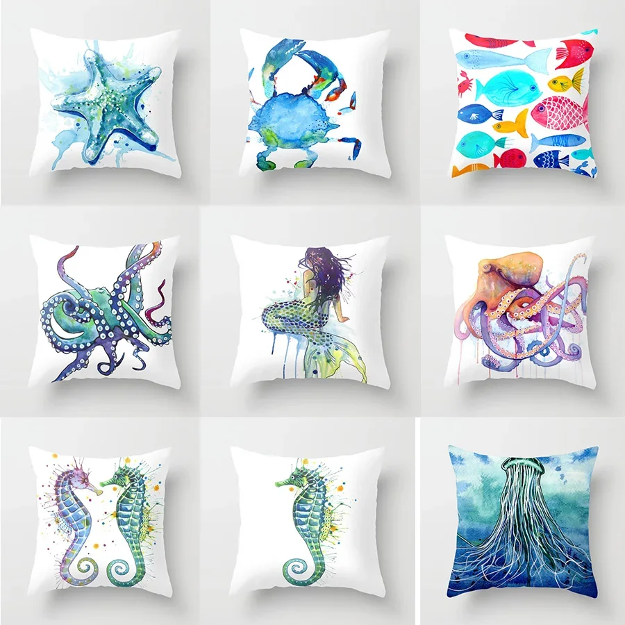 

Customizable Starfish Octopus Mermaid Crab Home Sofa Chair Decorative Pillowcase Watercolor Ocean Theme Pillowcase