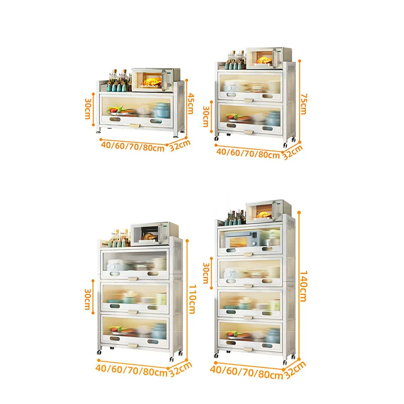 Multi-layer Carbon Steel Kitchen Cabinets Home Floor Racks Cupboard Locker Nordic Microwave Storage Cabinets with Acrylic Doors