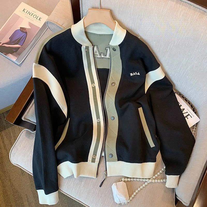 

Korean Version Contrast Color Bomber Jacket Women's Retro Casual 2023 Spring Autumn New Design Sense Small Crowd Casual Coat
