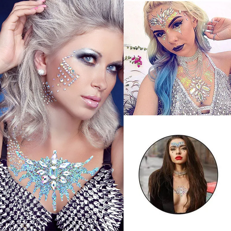 Sexy Chest Crystal Tattoo Sticker Carnival Party Bar Music Festival Acrylic Resin Rhinestone Body Decoration Tattoos Sticke