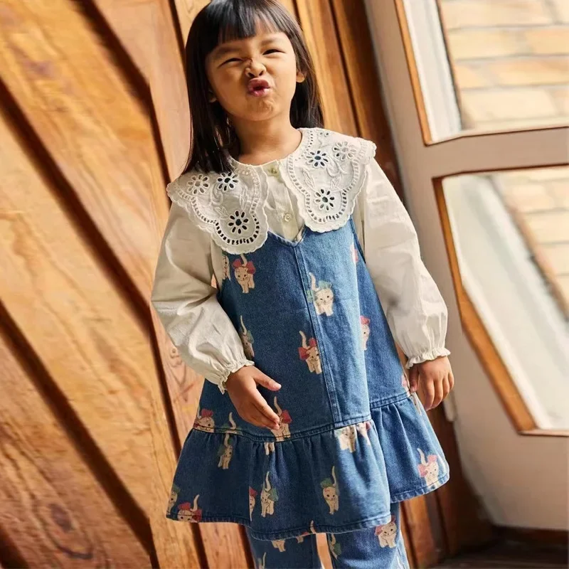 

Kids Clothes Girls KS 23 New Children's Cat Denim Jacket Girls Hollow Embroidered Shirt Cartoon Printed Denim Skirt Jeans