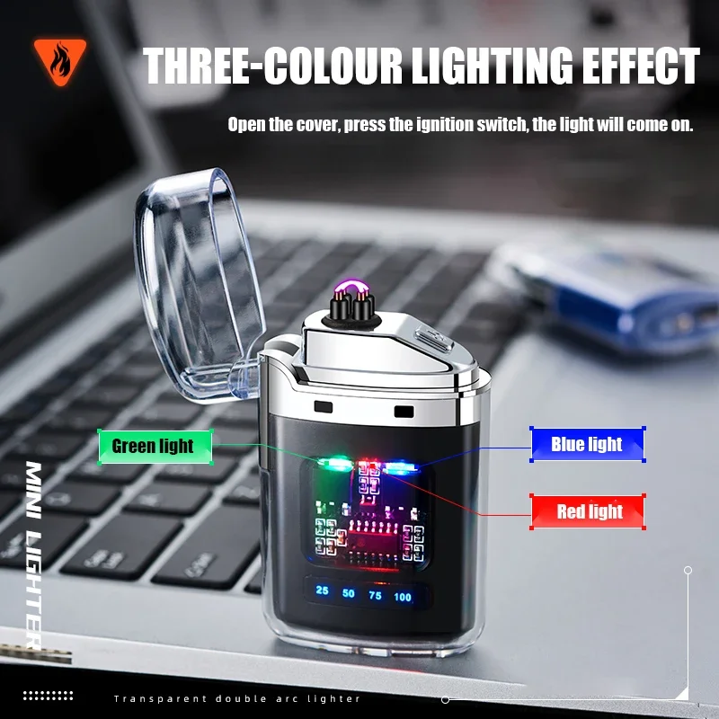 

New Transparent Shell Rechargeable Dual Flame Arc Windproof Lighter with Battery Level Display USB Charging Cigarette Lighter