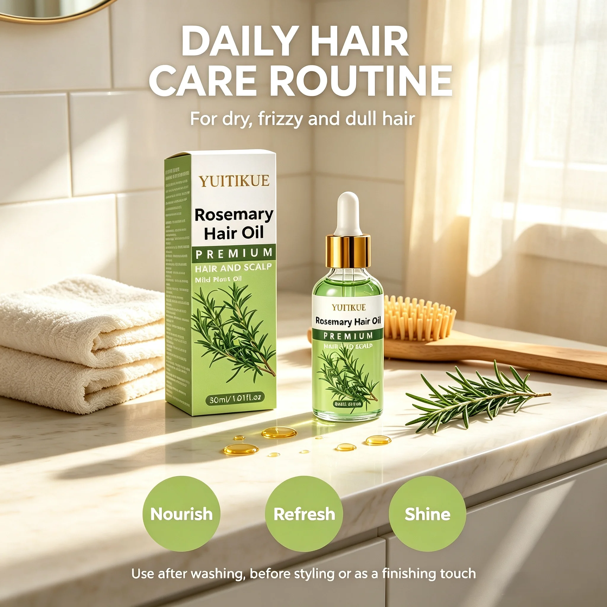 YUITIKUE Natural Rosemary Hair Oil Mild Plant Essence Oil Moisturizing Smooth Shiny Scalp & Hair Care Treatment Oil 30ml
