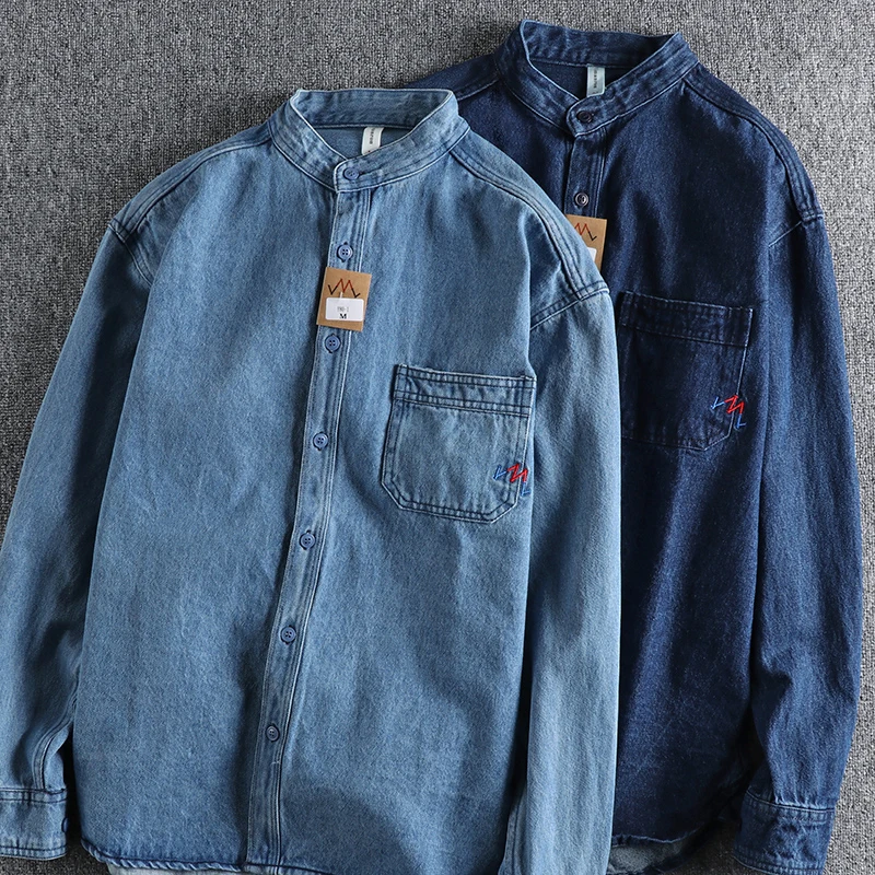 

Осенне-зимняя Тяжелая джинсовая рубашка-карго в американском ретро-стиле Мужская модная утепленная Повседневная блузка из чистого хлопка с потертостями