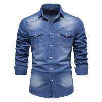 Chemise en denim en coton élastique pour hommes, manches longues, poche pour documents, chemises monochromes pour hommes, coupe couvertes décontractée, vêtements de créateurs, haute qualité 5