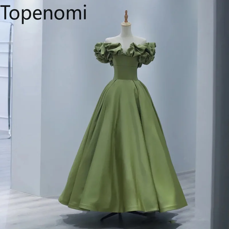 

Topenomi French Green Birthday Party Dress Women Ruffled Boat Neck High Waist Ball Gowns Summer Elegant Evening Prom Dresses Ins