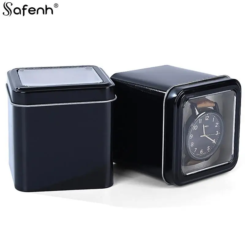 8CM Square Black Watch Organizer Box Show Holder Tinplate Can Metal Sealed Jewelry Gift Box Display Case With Cushion for Watch Storage Box
