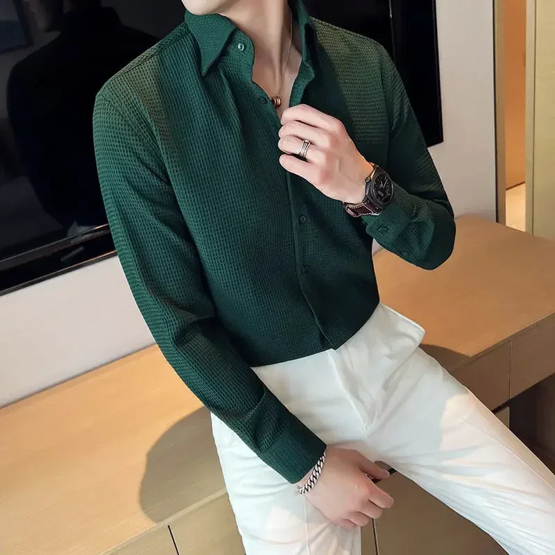 Male Shirts Green Plain Men's Shirt Business Waffle Designer