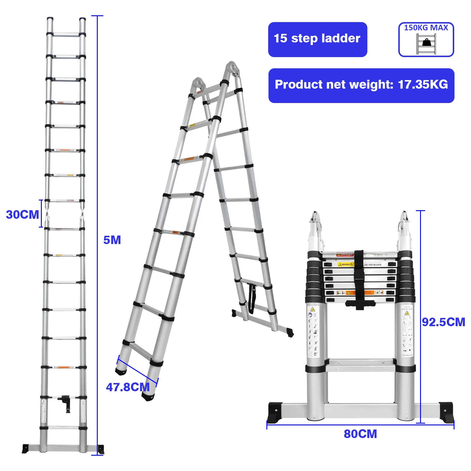 Ladder A Frame Telescopic Ladder 5m(2.5m+2.5m) Aluminum Telescoping Extension Multi-Purpose