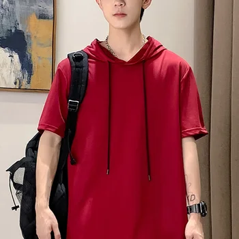 남성용 후드가 달린 반팔 티셔츠, 속건성 핏 티셔츠, 단색 티셔츠, 캐주얼 상의, 여름 스포츠 패션