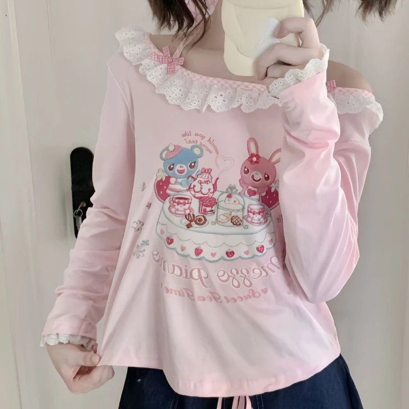 Japanese Girls Cartoon Printing Halter T-shirt Harajuku Grunge Kawaii Cute Loose Tees Women Y2k Aesthetic Lace Patchwork Tops 2
